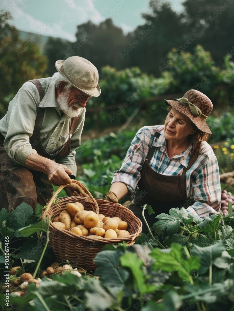 A couple harvesting potatoes in a field, great for agricultural or rural theme images A couple harvesting potatoes in a field, great for agricultural or rural theme images