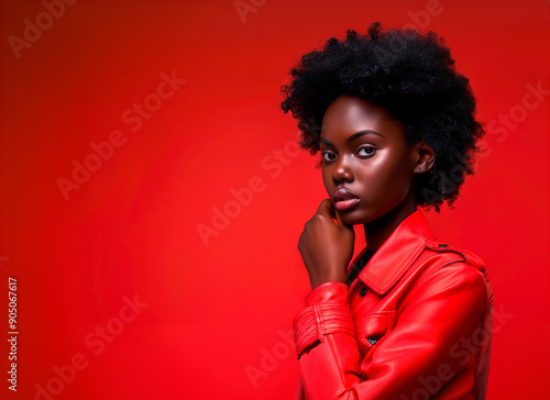 A stylish Black woman, radiating confidence in a red leather jacket, strikes a pose against a vibrant backdrop, leaving ample copy space for your message.