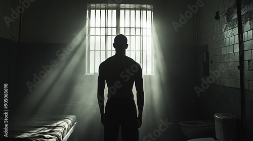 An inmate stands with his back to the viewer, looking out through the bars of his cell window. The silhouette of his figure against the dim light creates a haunting image. The cell is small and photo