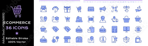 Ecommerce line icons - editable stroke color containing Newsletter, Gift, Shopping, Finance, Marketing, Review, Package, Add, register, Barcode, Location, Tracking, Basket, item, Tag, Price, bag, Sale