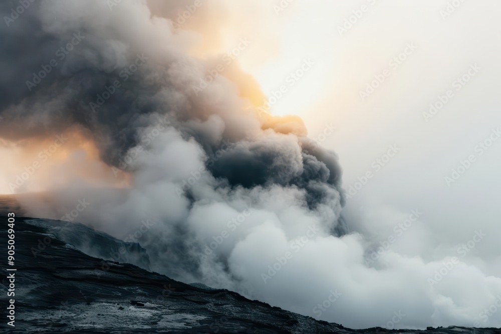 Fototapeta premium Geyser eruption style with sunlight filtering through the steam, illustrating the dynamic geothermal activity concept, eruption, banner, with copy space