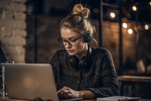 A young female freelance businessman in glasses and headphones is working on a laptop or shopping in an online store. The woman is writing something in a notebook. © Юлия Клюева
