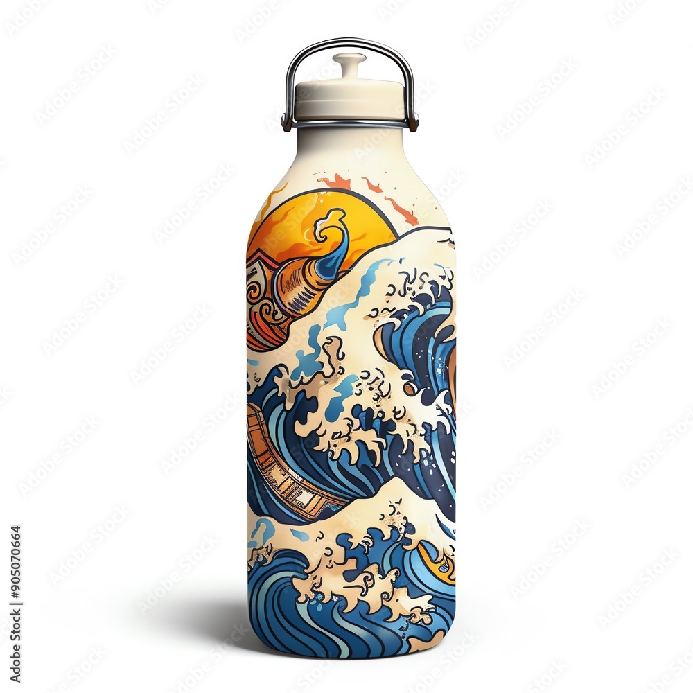 Water bottle with a Japanese wave design. Water bottle with a Japanese wave design.