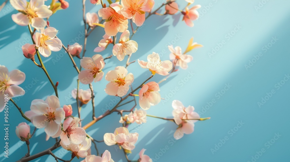 Delicate cherry blossoms on a branch with blue background Delicate cherry blossoms on a branch with blue background