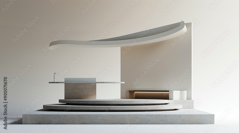 Architectural model of a modern minimalist chapel with a curved roof and a raised platform. Architectural model of a modern minimalist chapel with a curved roof and a raised platform.