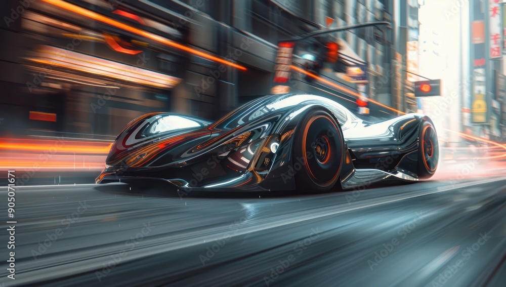 Obraz premium Futuristic Black Sports Car Speeding Through City