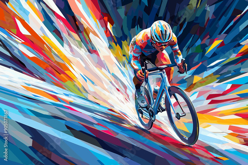 Professional bicyclist riding a bike cycling on abstract low poly color graphic background. Cycle sport low poly style cyclist poster, vector illustration