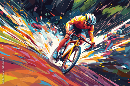 Professional bicyclist riding a bike cycling on abstract low poly color graphic background. Cycle sport low poly style cyclist poster, vector illustration