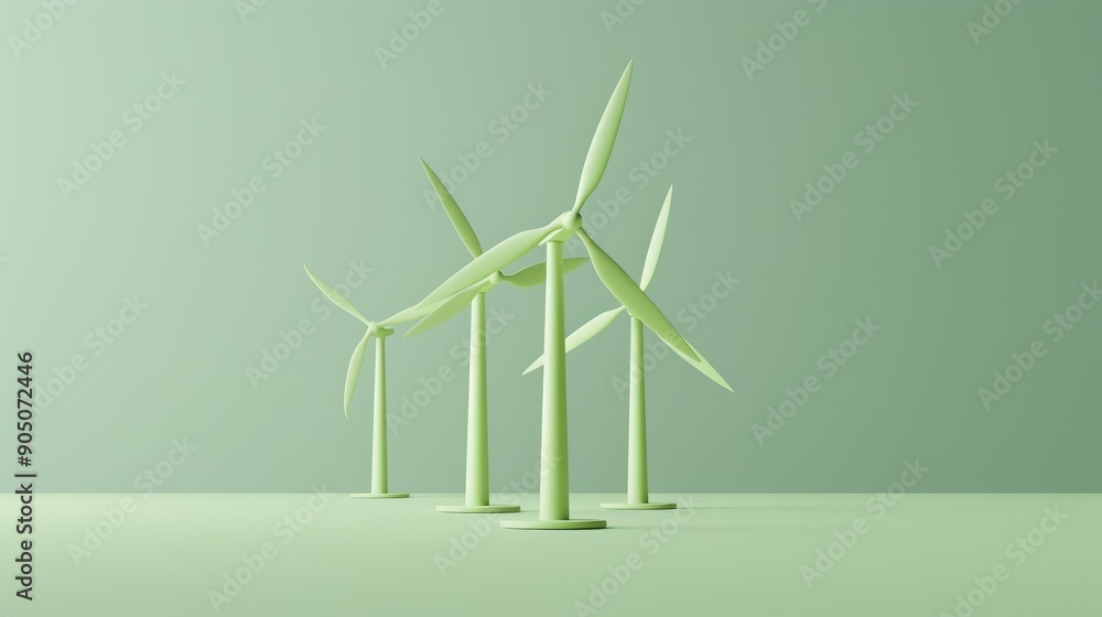 Minimalist illustration of wind turbines against a green background, symbolizing clean energy and sustainability. Minimalist illustration of wind turbines against a green background, symbolizing clean energy and sustainability.