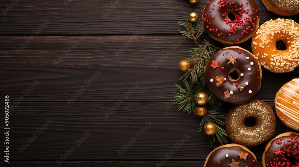 Fresh donuts, fir branches and citrus fruits on a dark background. Festive mood. Happy New Year concept Fresh donuts, fir branches and citrus fruits on a dark background. Festive mood. Happy New Year concept