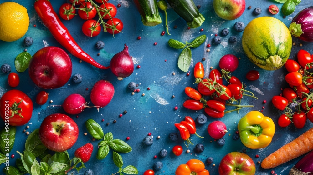 Assorted fresh fruits and vegetables on a blue background Assorted fresh fruits and vegetables on a blue background