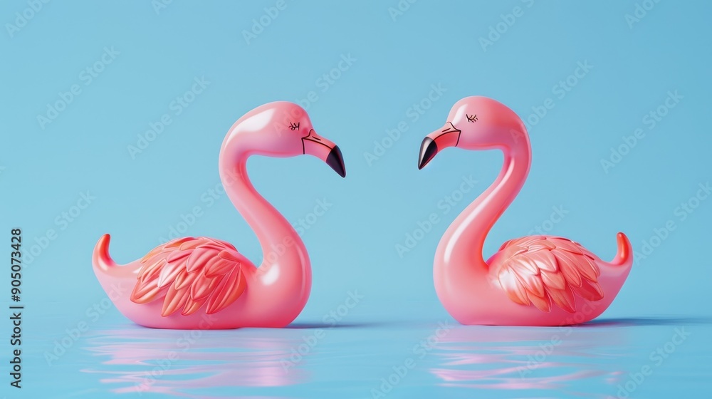 Two pink flamingo figurines facing each other on a blue background. Two pink flamingo figurines facing each other on a blue background.