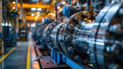 Detailed close-up view of industrial machinery in a factory, highlighting mechanical components and engineering precision. © khonkangrua