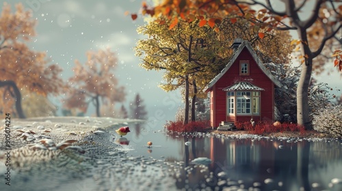 A cozy red cottage nestled in a snowy forest, surrounded by autumn leaves.  The reflection of the cottage in the still water creates a serene and tranquil scene.