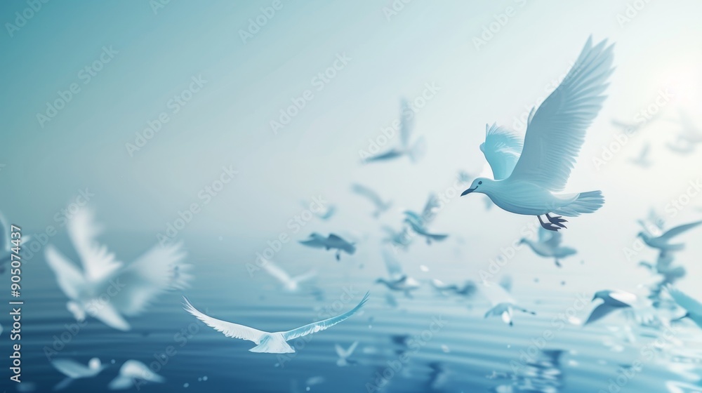 A flock of white seagulls soar through a misty sky above the ocean. A flock of white seagulls soar through a misty sky above the ocean.