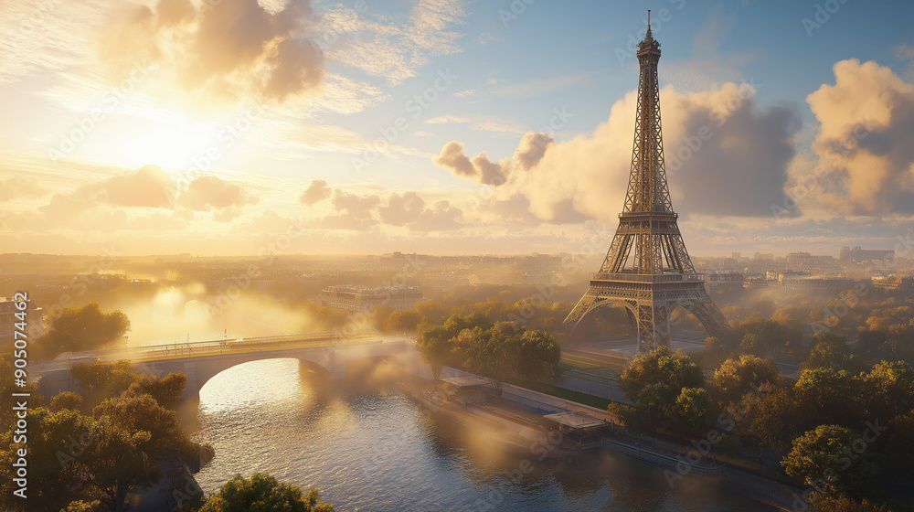Obraz premium Sunrise Over Paris With the Eiffel Tower Illuminated by Morning Light