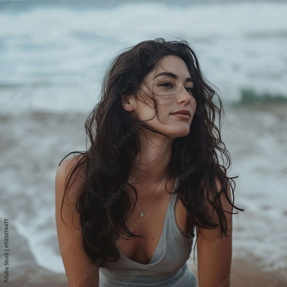 Attractive woman in a silver tank top on a sunny beach, with long dark hair and a bokeh ocean background, relaxing. Attractive woman in a silver tank top on a sunny beach, with long dark hair and a bokeh ocean background, relaxing.