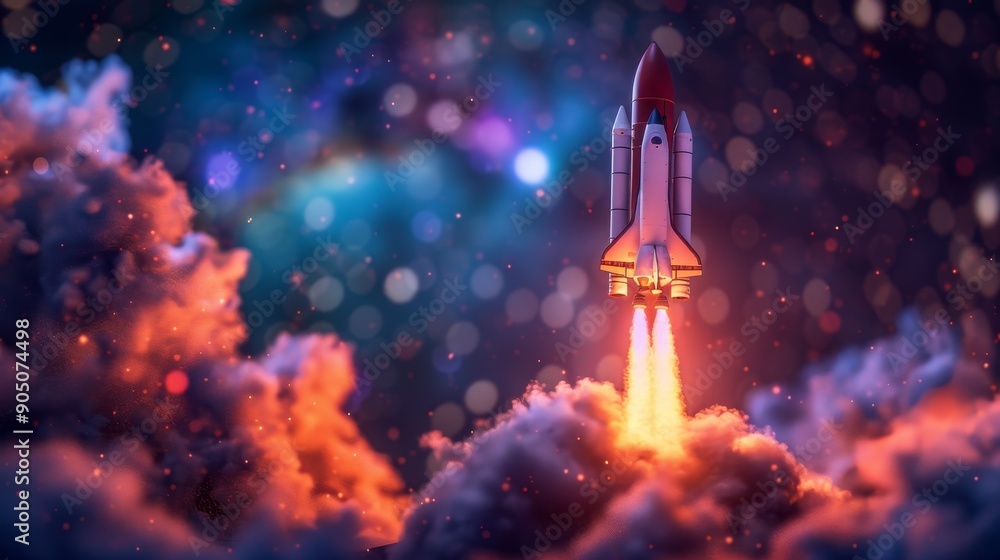 A futuristic spaceship blasts off into the cosmos, leaving a trail of fire and smoke. The backdrop is a swirling nebula with twinkling stars. A futuristic spaceship blasts off into the cosmos, leaving a trail of fire and smoke. The backdrop is a swirling nebula with twinkling stars.