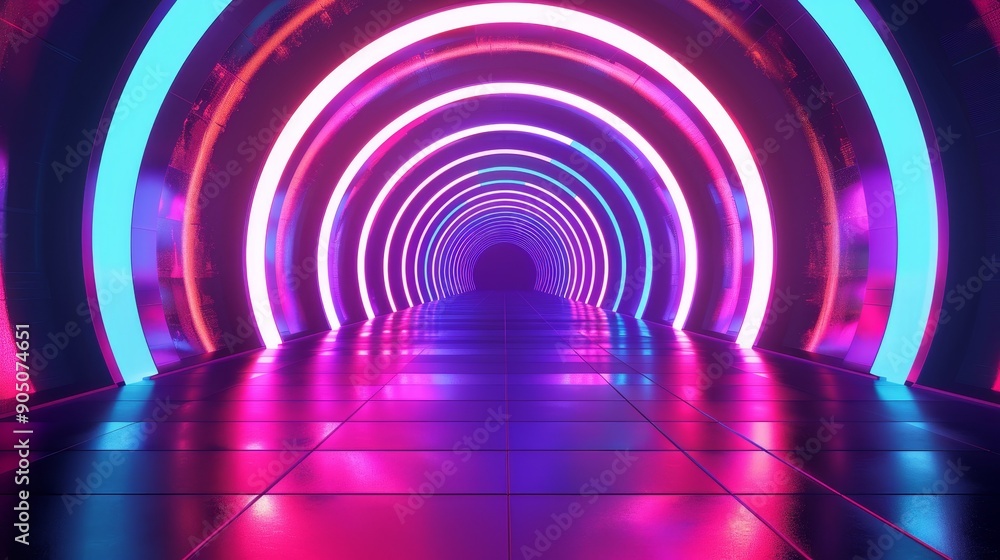 A futuristic tunnel with glowing neon rings in vibrant pink, blue, and purple. The lights create a mesmerizing pattern on the reflective floor. A futuristic tunnel with glowing neon rings in vibrant pink, blue, and purple. The lights create a mesmerizing pattern on the reflective floor.