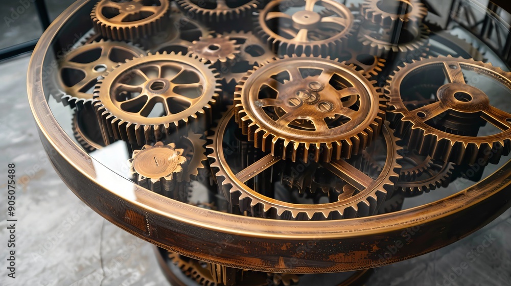 Obraz premium Antique Gears Glass Table, Steampunk Decor, Industrial Vintage Furniture