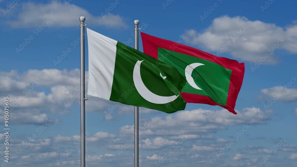 Maldives and Pakistan flags flying together, video concept of the relationship, two country relations concept Maldives and Pakistan flags flying together, video concept of the relationship, two country relations concept