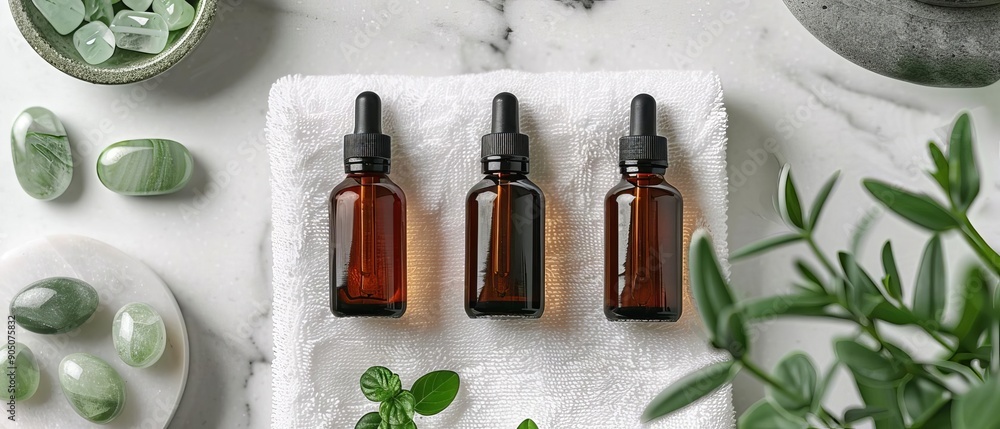 Flat lay of essential oils for skin care, with bottles of tea tree, rosehip, and frankincense oils, placed on a white towel with facial rollers and jade stones Flat lay of essential oils for skin care, with bottles of tea tree, rosehip, and frankincense oils, placed on a white towel with facial rollers and jade stones