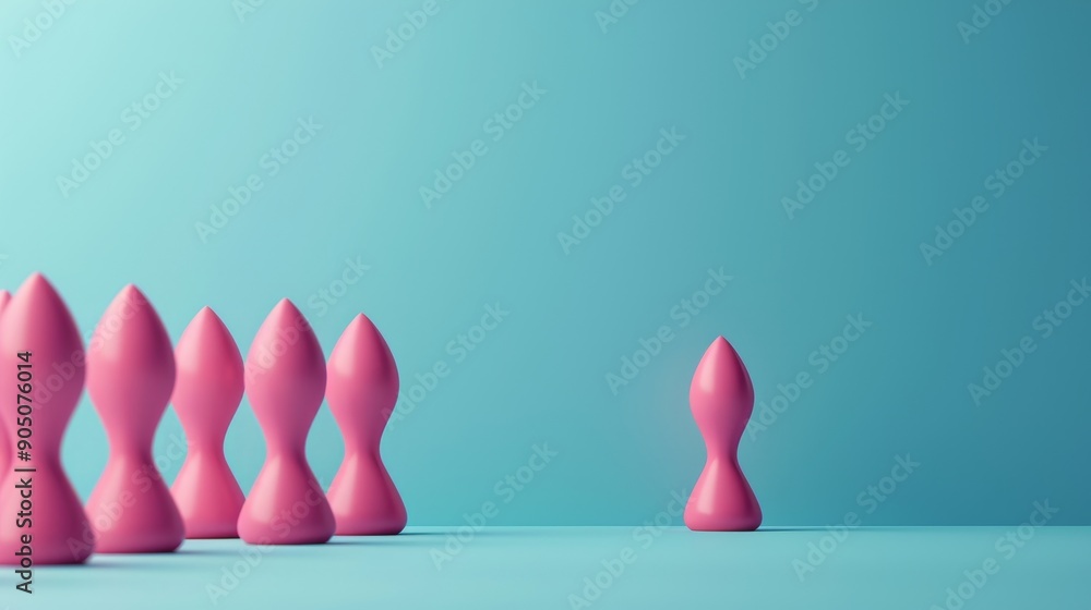A single pink figure stands out from a group of similar figures against a blue background. A single pink figure stands out from a group of similar figures against a blue background.