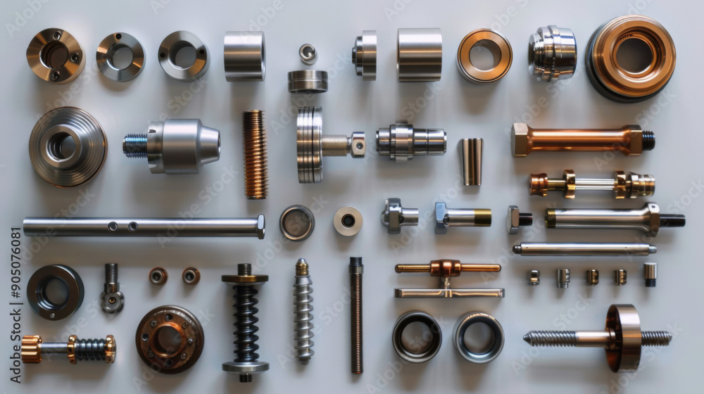 A variety of precision metal components, including bolts, nuts, and bearings, systematically arranged on a flat surface.