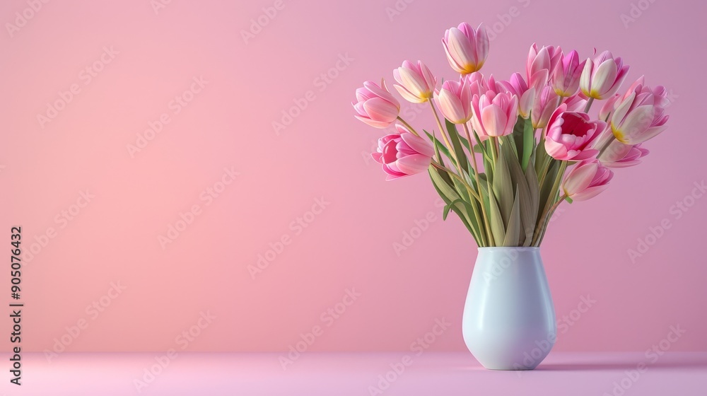 A vase of pink tulips against a soft pink background. Perfect for spring, love, or romantic themes. A vase of pink tulips against a soft pink background. Perfect for spring, love, or romantic themes.