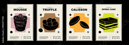 French mousse, truffle, calisson, opera cake. Price tag or poster design. Set of vector illustrations. Typography. Engraving style. Labels, cover, t-shirt print, painting.	