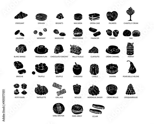 Big set of french sweets. Hand drawn colorful illustration of popular traditional desserts for cafe, bakery and restaurant menu.