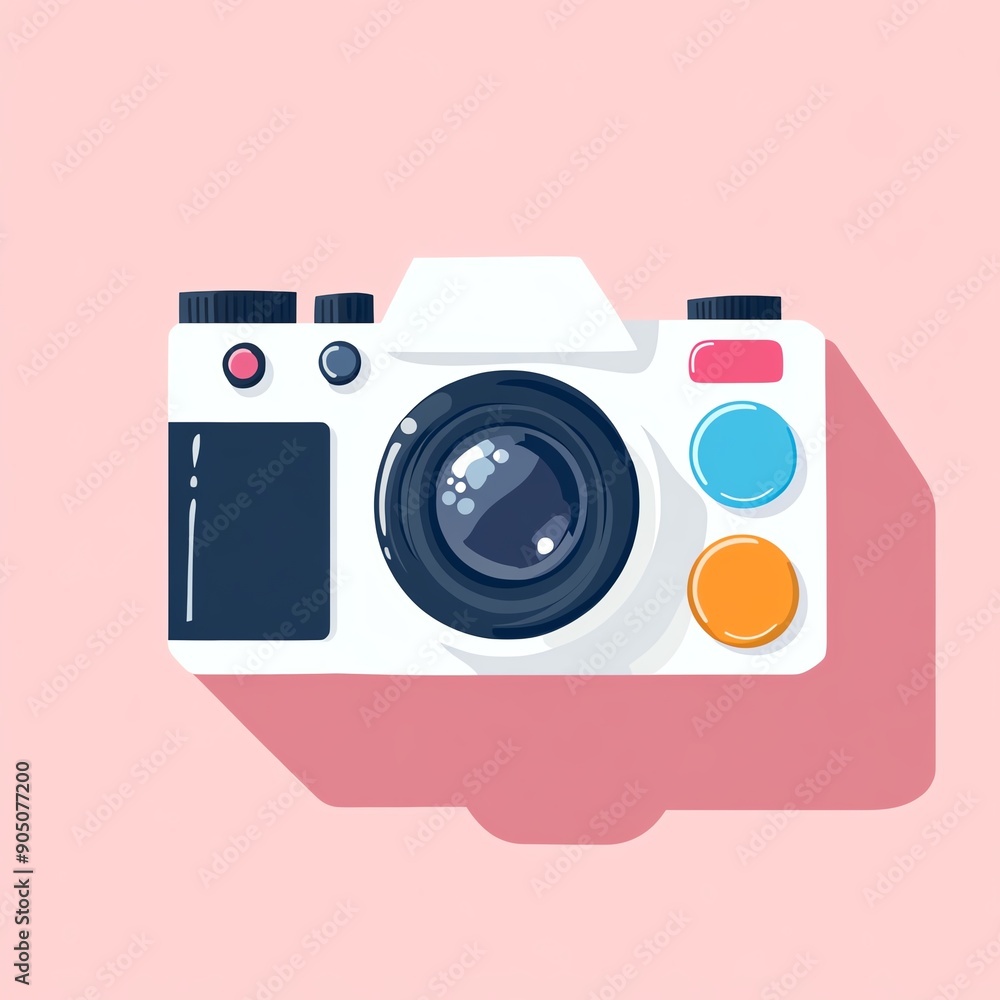 Simple illustration of a white camera with a pink background.