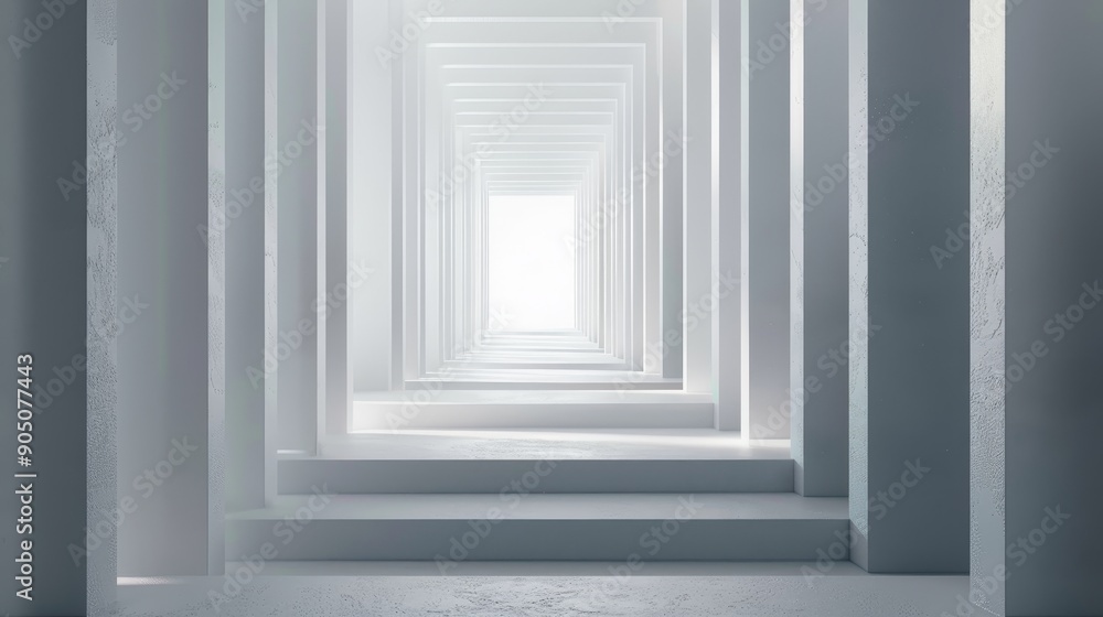 Abstract white hallway with light at the end. Minimalist architecture concept. Abstract white hallway with light at the end. Minimalist architecture concept.
