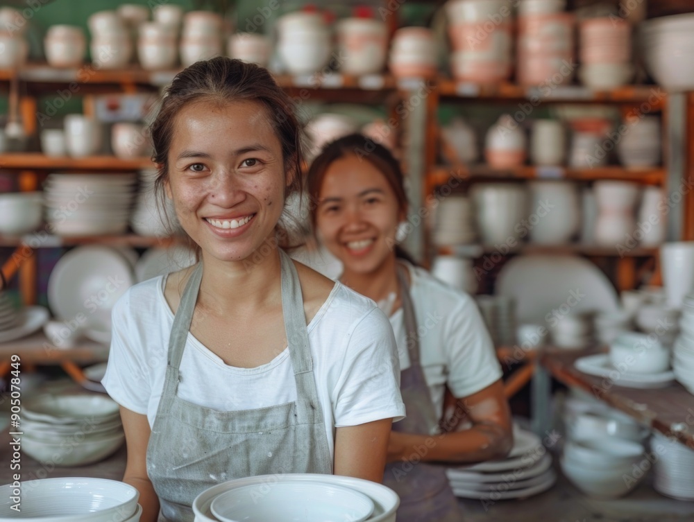 Women creating ceramics in a studio setting, perfect for interior design or lifestyle photography Women creating ceramics in a studio setting, perfect for interior design or lifestyle photography