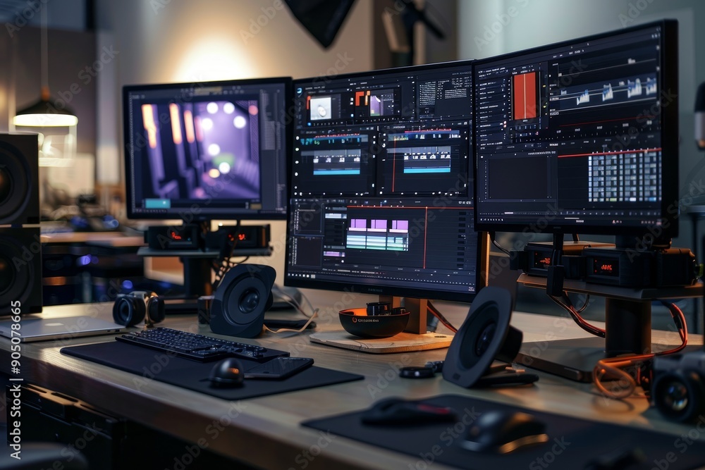 A desk with multiple monitors and audio equipment for video editing and production, High-tech cameras and editing software for precision perfection A desk with multiple monitors and audio equipment for video editing and production, High-tech cameras and editing software for precision perfection