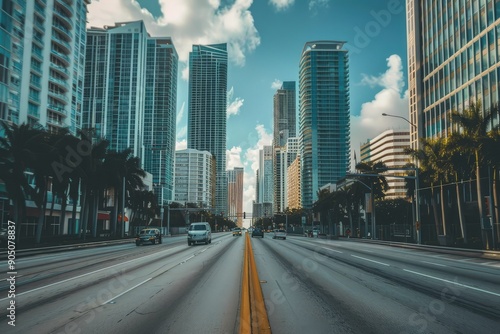 a city street with tall buildings and palm trees