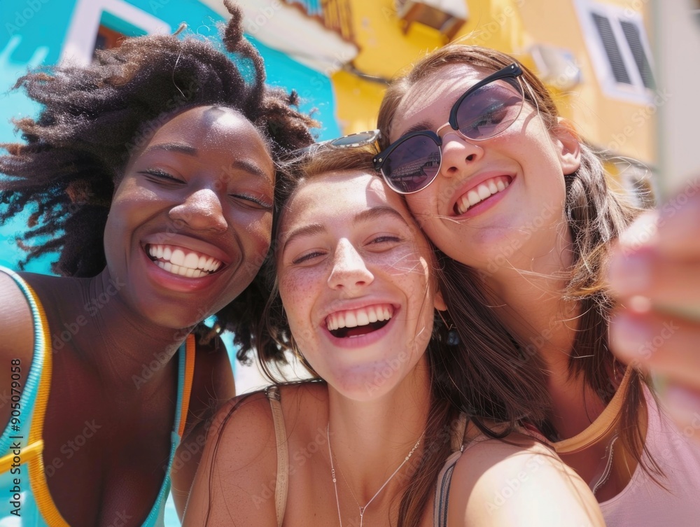 A group of young women laughing and taking a selfie together A group of young women laughing and taking a selfie together