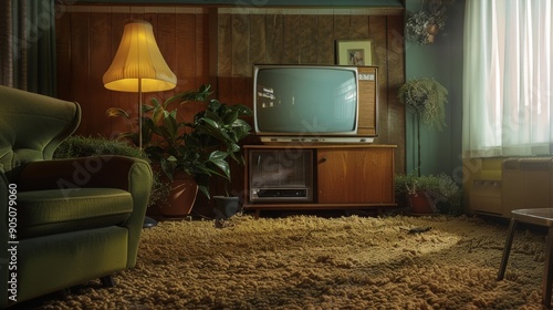 Vintage Living Room with Retro TV, Lamp, and Cozy Furniture photo