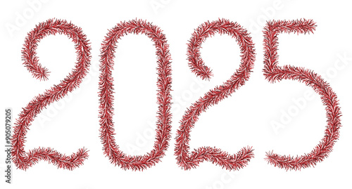 Tinsel. 2025. Lettering from festive Christmas decoration. Fluffy numbers. Red color. Vector illustration. Isolated white background. Cute plush message. Coming year. Rustling lettering.