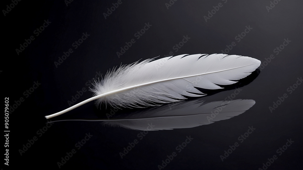 Obraz premium single white feather resting on a reflective, dark surface