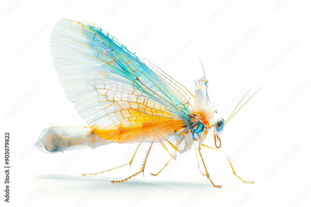 Artistically rendered transparent insect illustration, displaying detailed anatomy with vibrant blue and orange hues Artistically rendered transparent insect illustration, displaying detailed anatomy with vibrant blue and orange hues