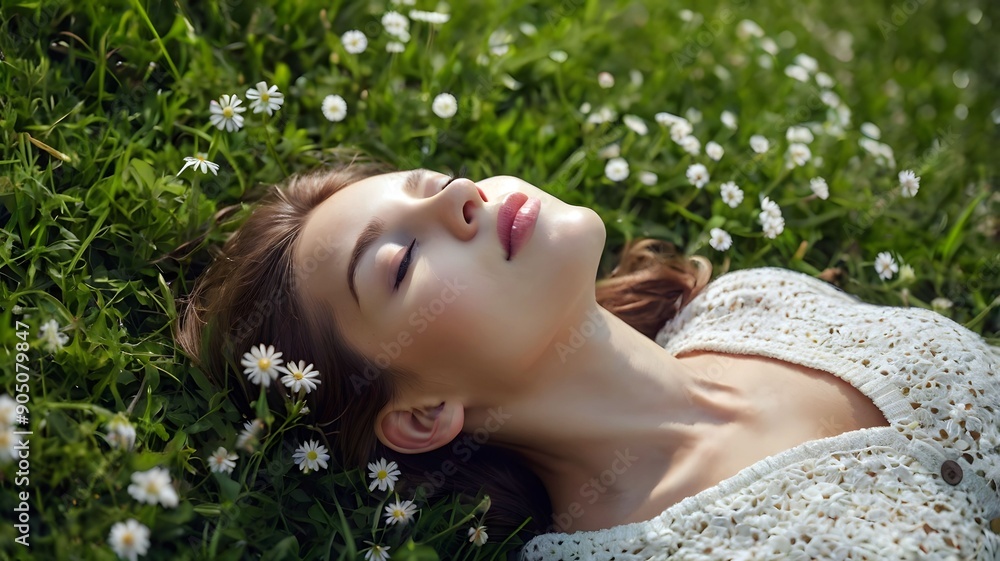 Beautiful woman lie down on grass with flowers, Beautiful woman lie down on grass with flowers,