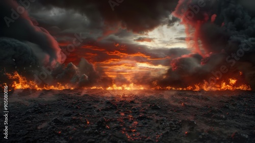 Expansive Battleworld view, chaotic battlefield,- smoke fire stormy sky
