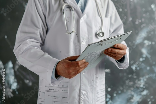 A doctor dressed in a white coat is holding a clipboard filled with patient notes, Holding a clipboard filled with patient notes and medical records photo