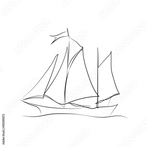 Hand drawn boat, vector illustration. Sketch ship. Simple vector image of sailing yacht on waves drawn in line style. Travel