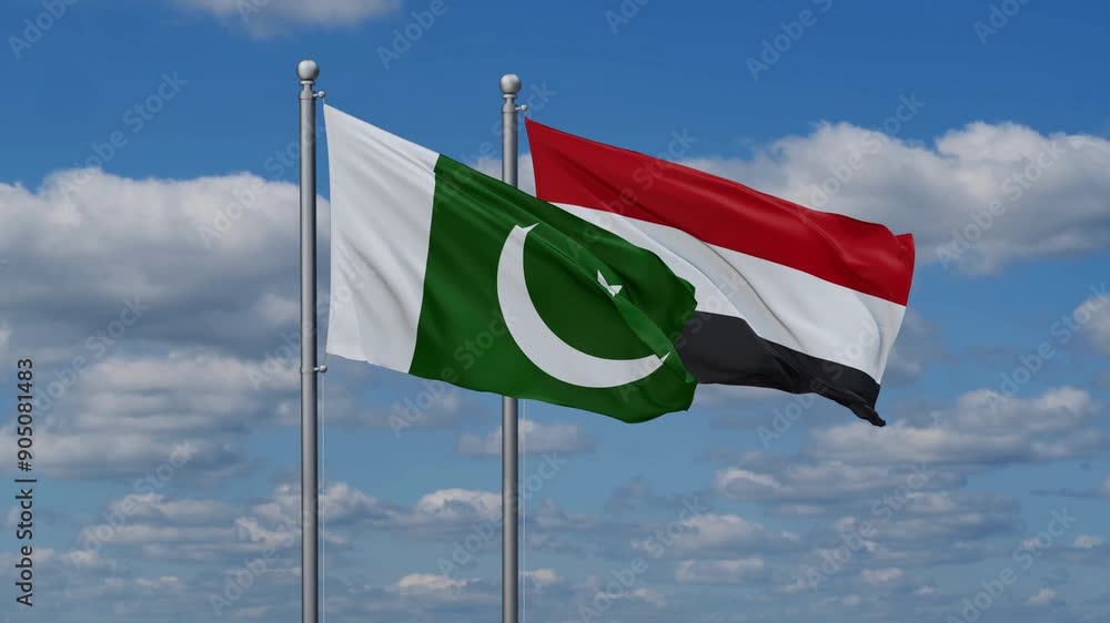 Yemen and Pakistan flags flying together, video concept of the relationship, two country cooperation concept Yemen and Pakistan flags flying together, video concept of the relationship, two country cooperation concept