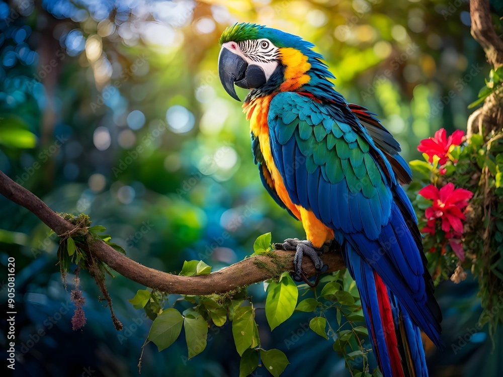 Obraz premium Colorful macaw parrot in the jungle. macaw parrot with colorful plumage and a long tail sitting on the tree branch. colorful parrot in the rain forest, wildlife and nature concept
