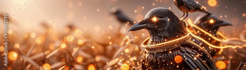 A crow with glowing eyes stands amidst a blur of golden light.