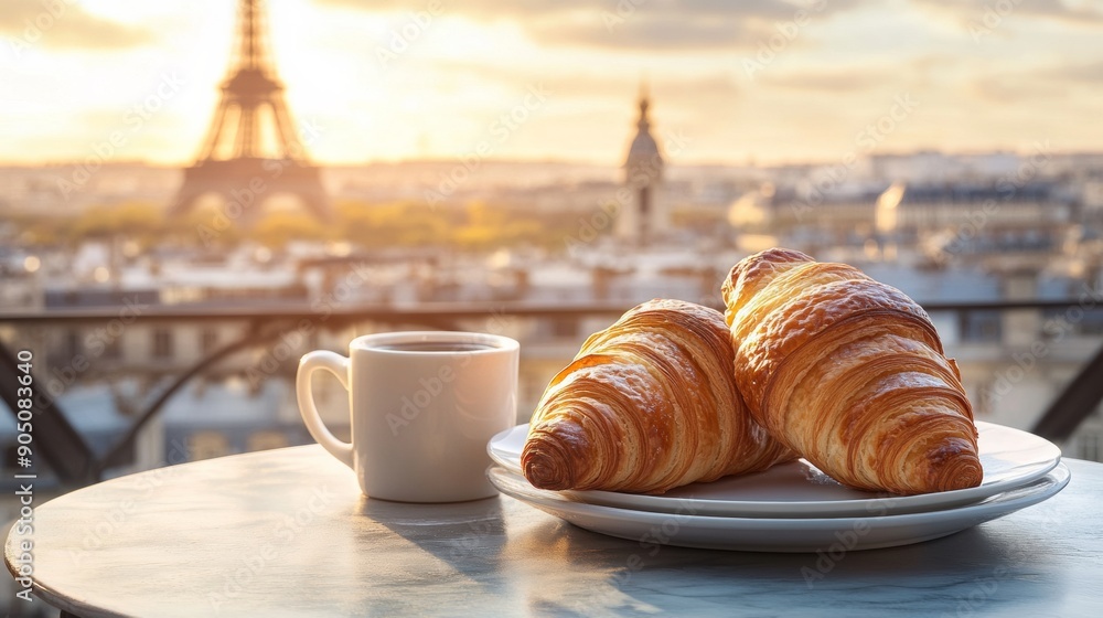 A cup of coffee with croissants with the Eiffel Tower in the background A cup of coffee with croissants with the Eiffel Tower in the background