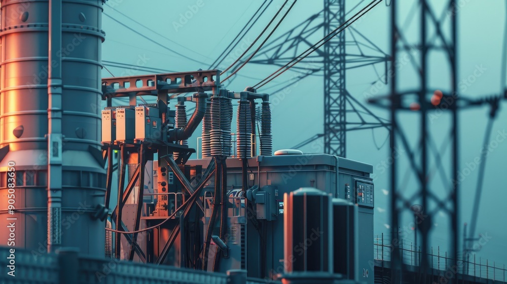 Detailed view of electrical substation equipment and distribution tower with power cables Detailed view of electrical substation equipment and distribution tower with power cables